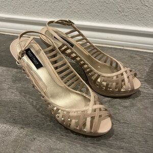 White House Black Market Nude Strappy Cage Peep-Toe Slingback Heels